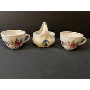 Vintage Hand Painted Ceramic Basket and 2 Porcelain Tea Cups Flowers Gold Gilt